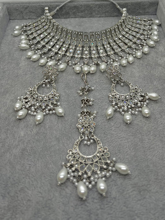 Afsheen Semi Bridal Choker Set - Silver-Statement Jewels