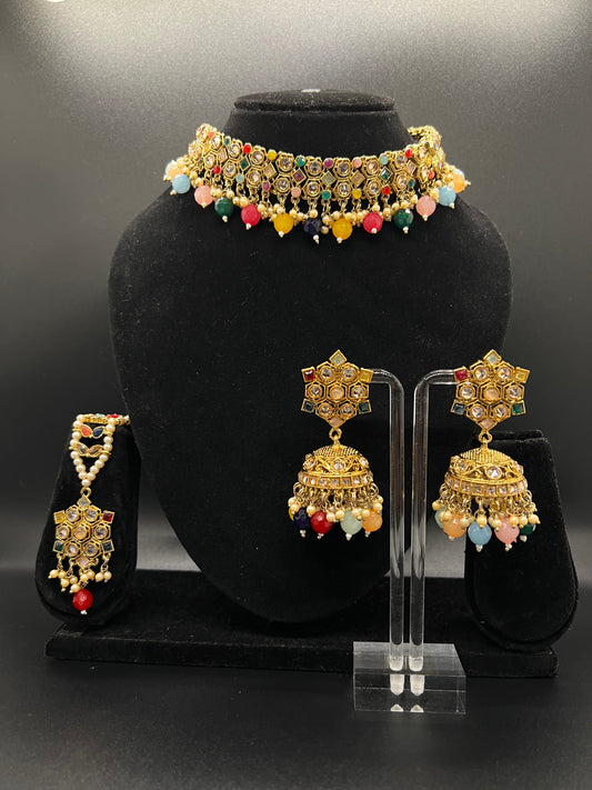 Sanaya Choker with Earrings and Tikka Set - Multi