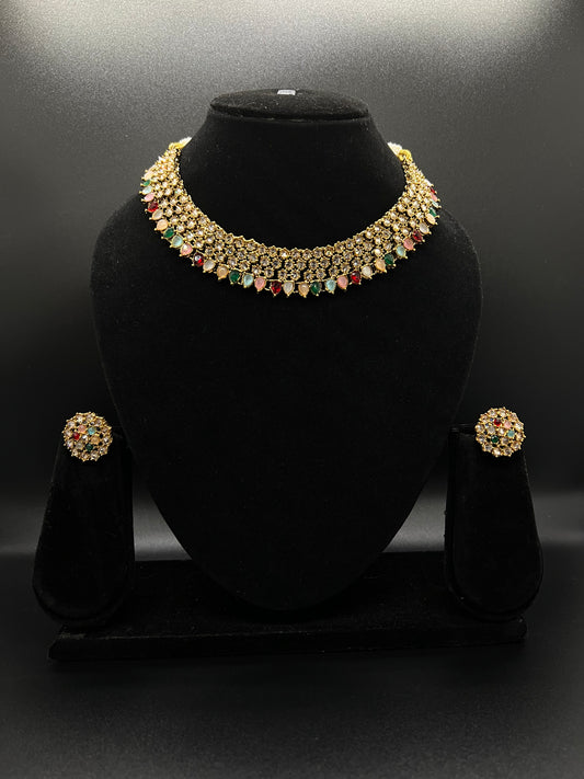 Naurah Necklace Set with Studs - Multi