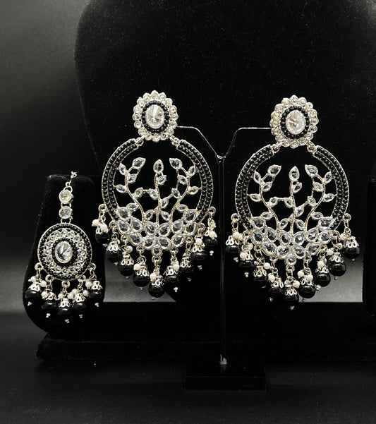 Danariya Earrings and Tikka - Silver/Black
