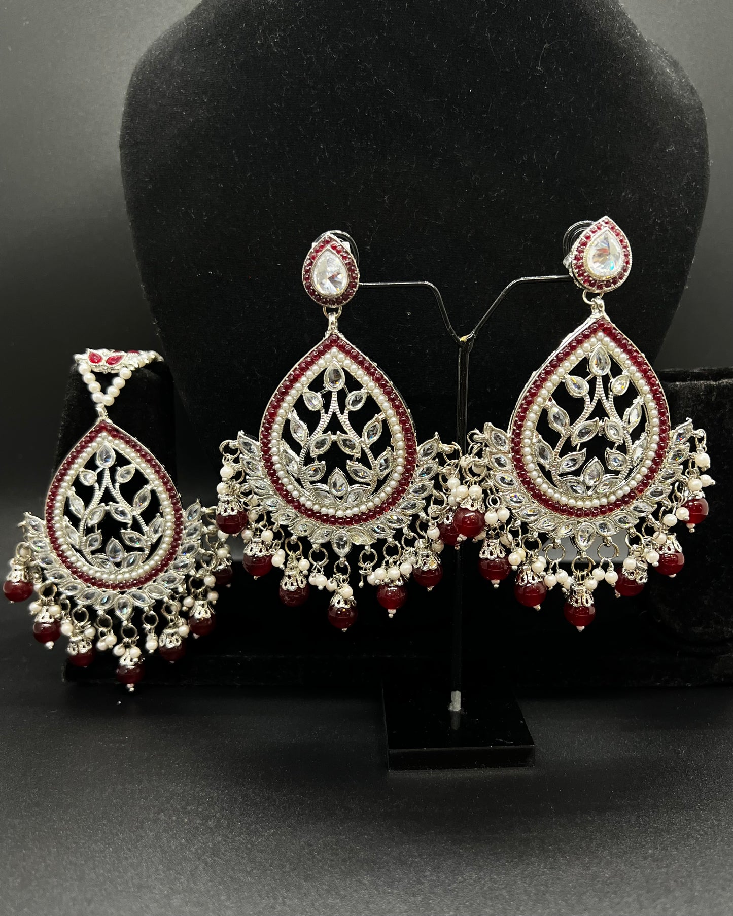 Lily Tikka and Earrings - Silver/Maroon