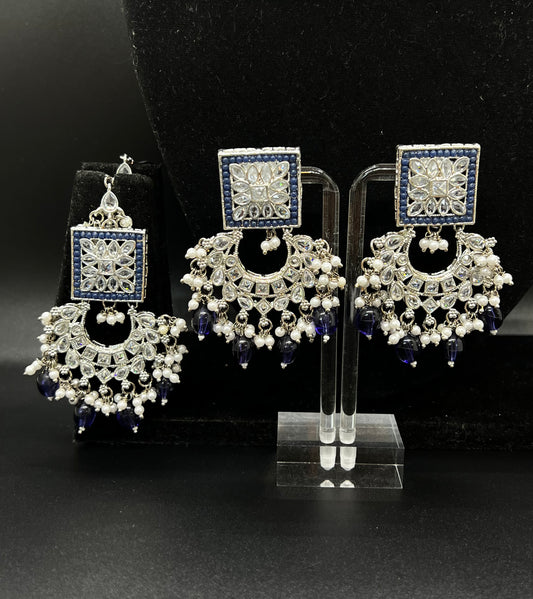 Simrah Tikka and Earrings - Silver/Blue-Purple