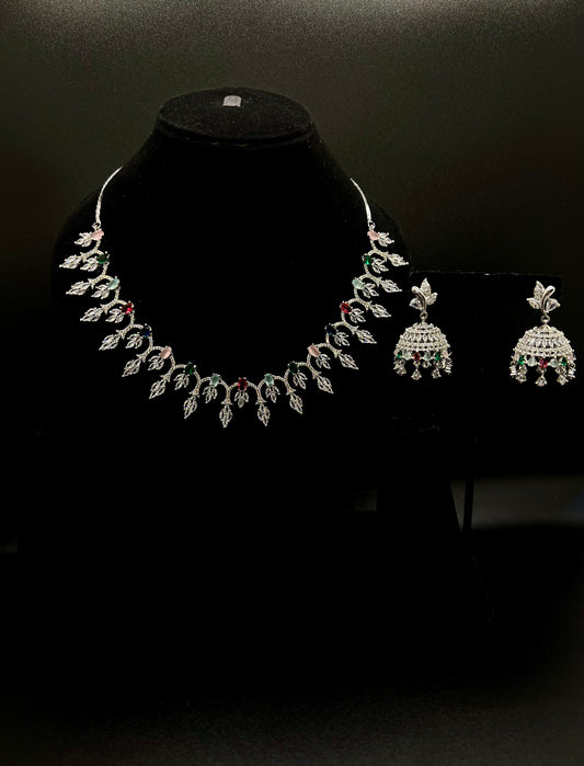 Laiba Silver Necklace with Jhumka - Multi