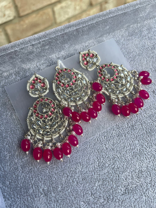 Sultana Tikka and Earring -  Silver/Hot Pink
