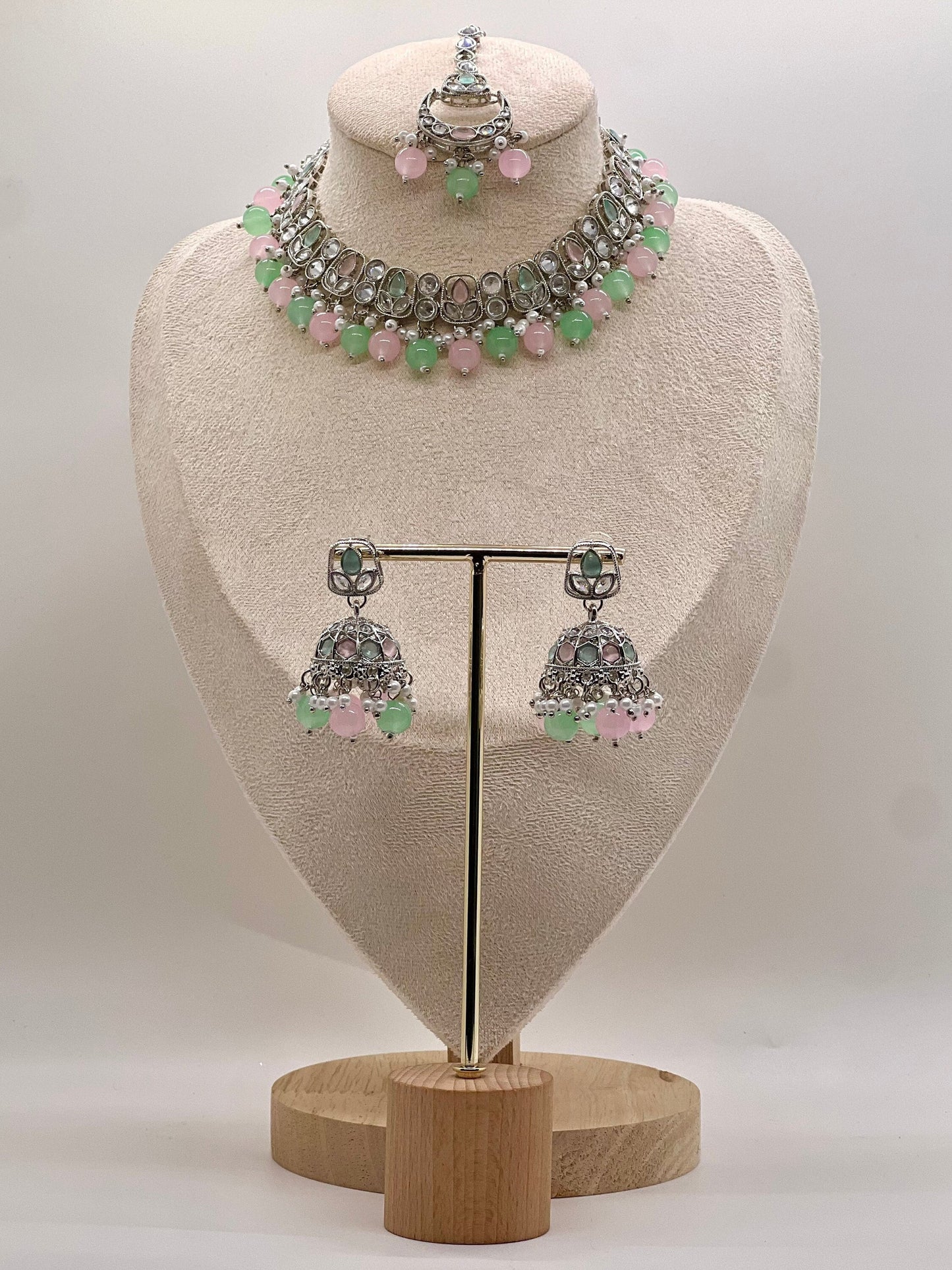 Rubab Necklace Set - Silver/Mint Pink
