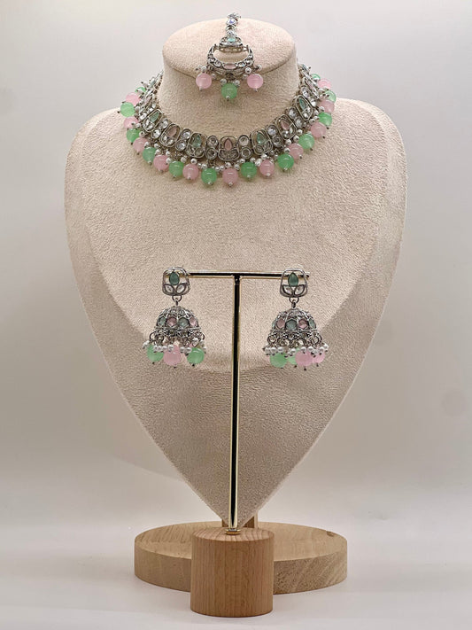 Rubab Necklace Set - Silver/Mint Pink